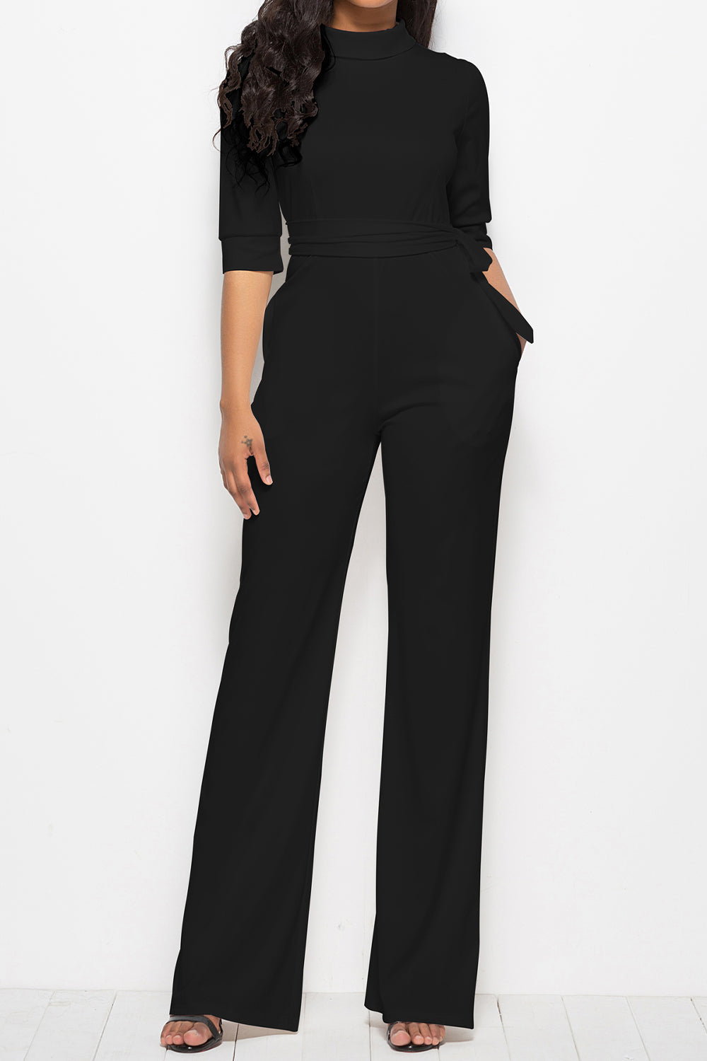 Luxe Divine Collection ~ Mock Neck Tie-Waist Half Sleeve Jumpsuit-Tr