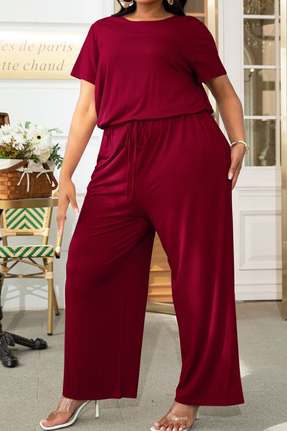 Luxe Divine Collection ~ Full-Figured Drawstring Waist Short Sleeve Jumpsuit