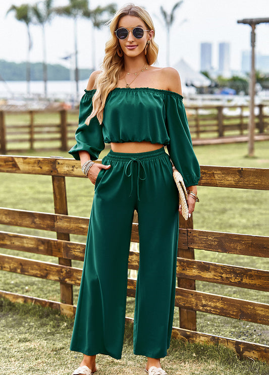 Luxe Divine Collection ~ Off-Shoulder Blouse and Drawstring Waist Pants Set-Tr