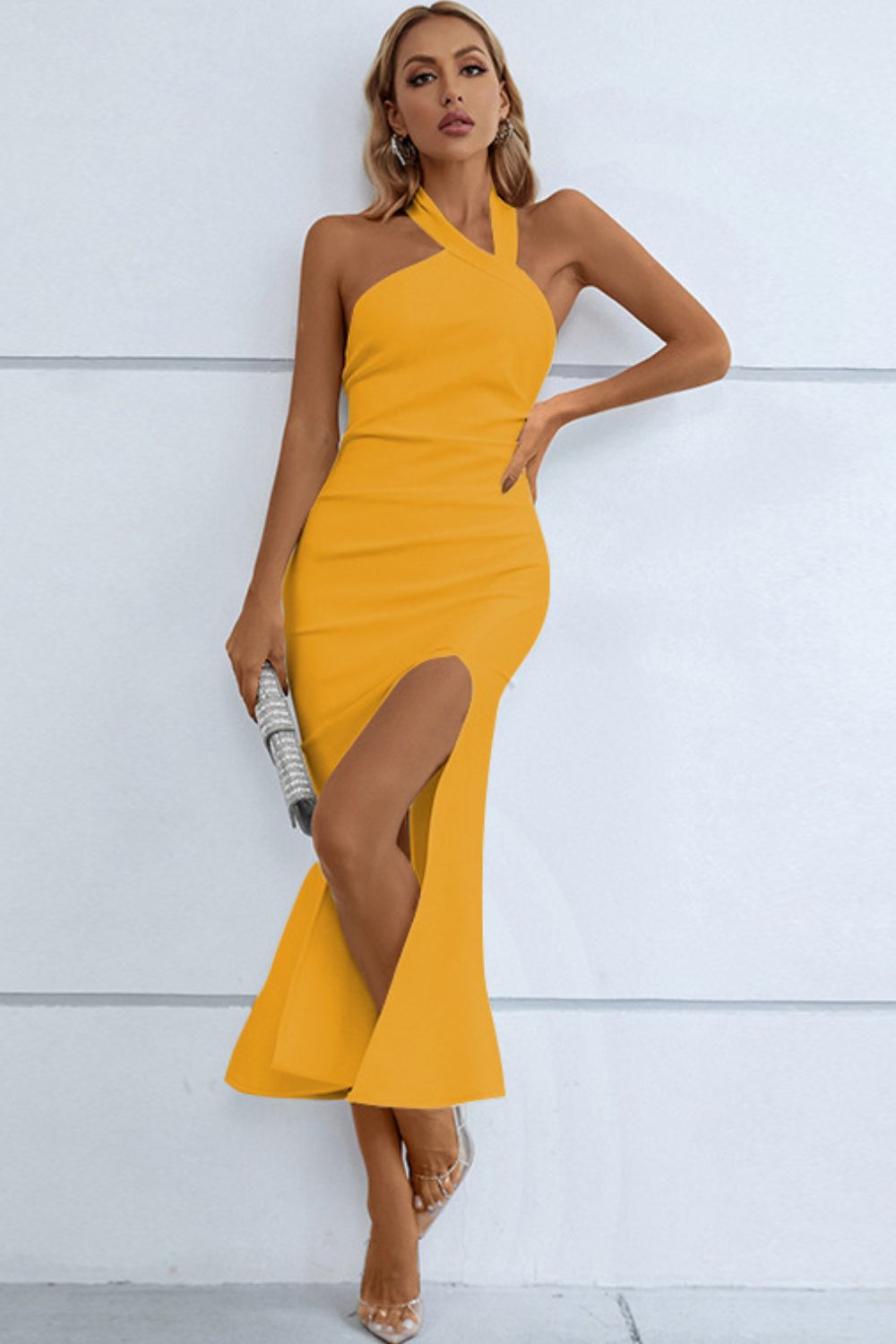 Luxe Divine Collection ~ Halter Neck Split Fishtail Bodycon Dress-Tr