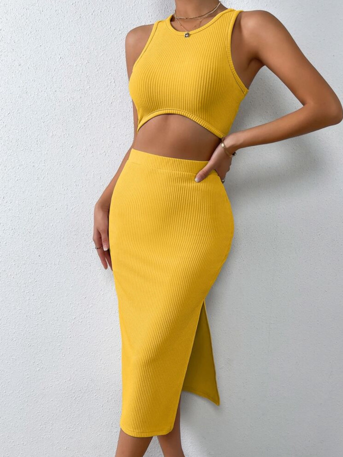 Luxe Divine Collection ~ Ribbed Round Neck Tank and Slit Skirt Sweater Set