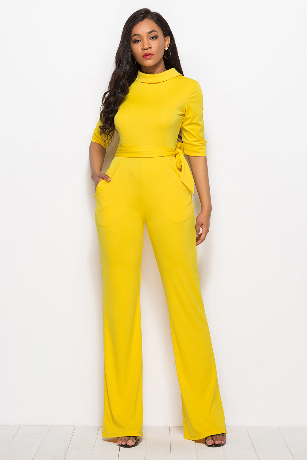 Luxe Divine Collection ~ Mock Neck Tie-Waist Half Sleeve Jumpsuit-Tr