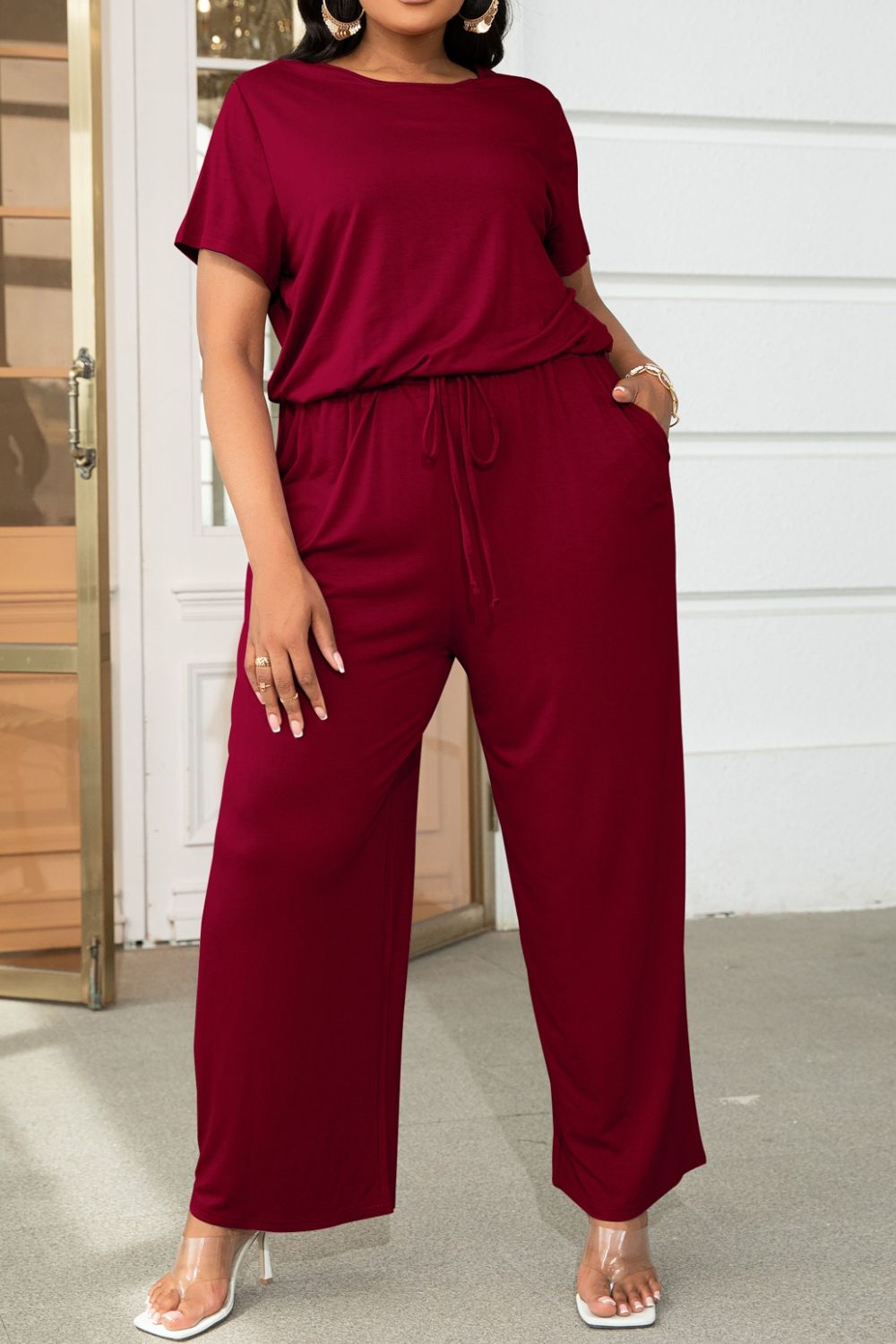 Luxe Divine Collection ~ Full-Figured Drawstring Waist Short Sleeve Jumpsuit