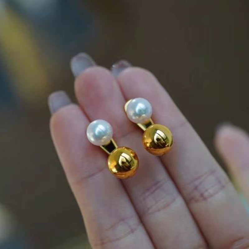 Luxe Divine Collection ~ Pearl And Small Gold Ball Combined With Gold Earrings