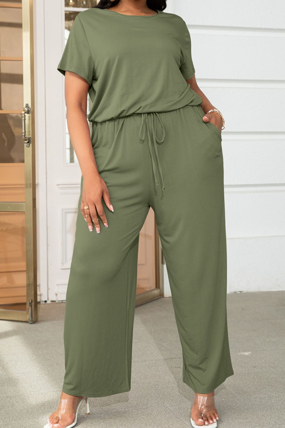 Luxe Divine Collection ~ Full-Figured Drawstring Waist Short Sleeve Jumpsuit