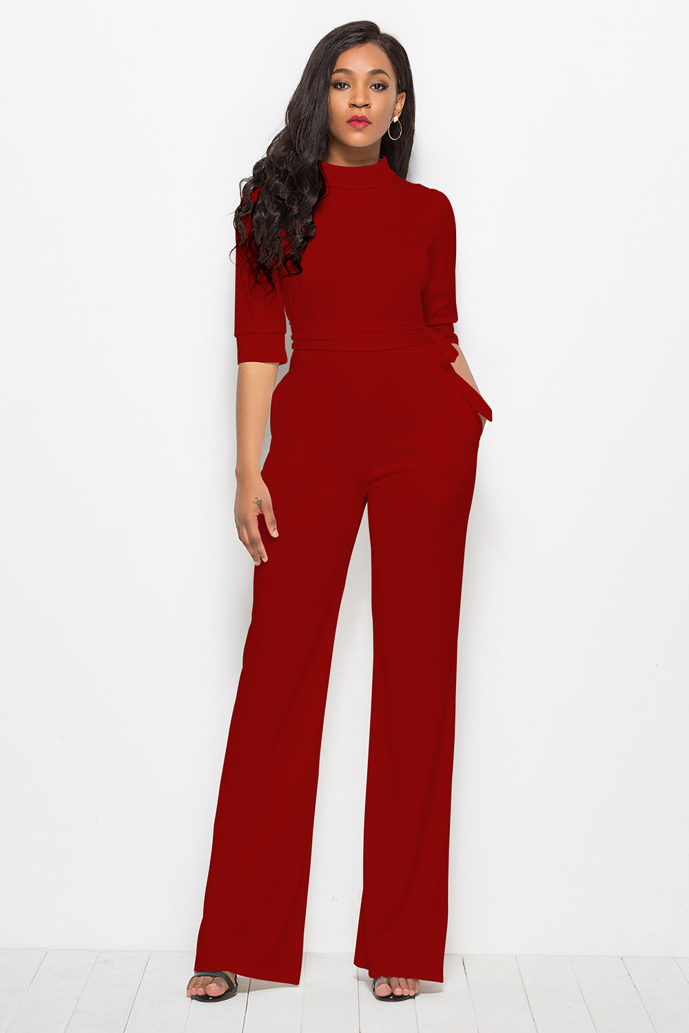 Luxe Divine Collection ~ Mock Neck Tie-Waist Half Sleeve Jumpsuit-Tr