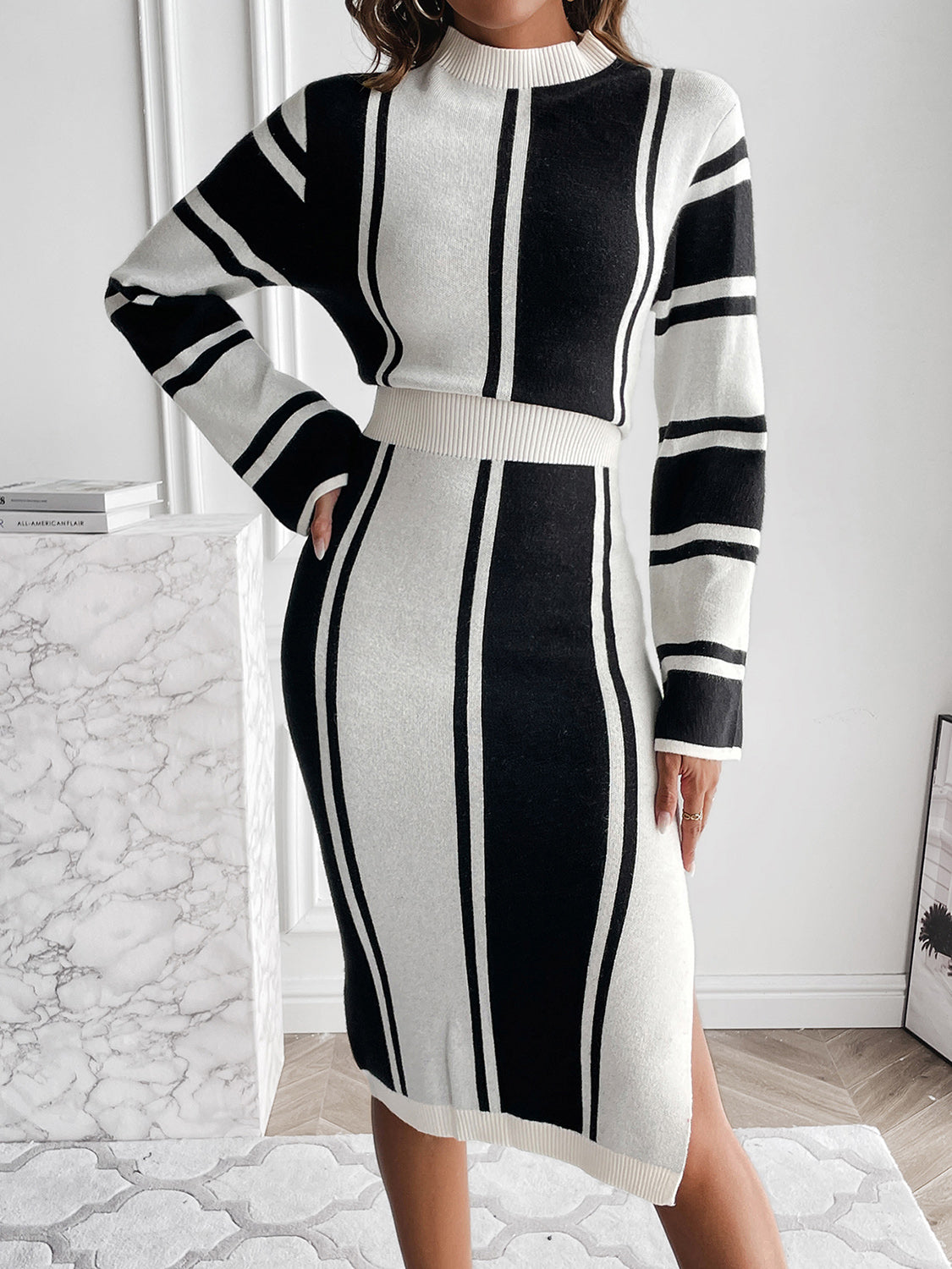 Luxe Divine Collection ~ Slit Striped Mock Neck Sweater Dress