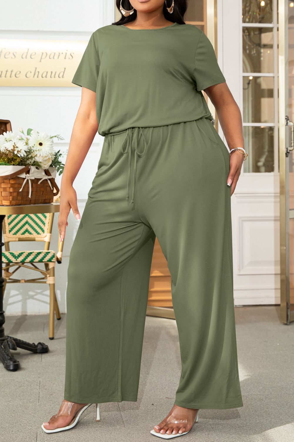 Luxe Divine Collection ~ Full-Figured Drawstring Waist Short Sleeve Jumpsuit