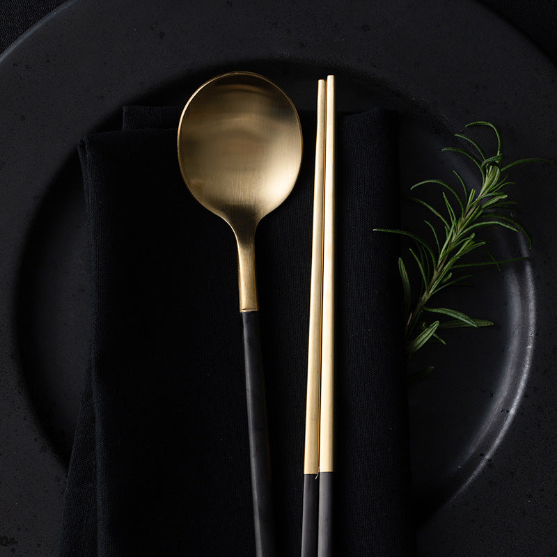 Luxe Divine Collection ~ Chopsticks Spoon Tableware Black Gold Handle Long Chopsticks